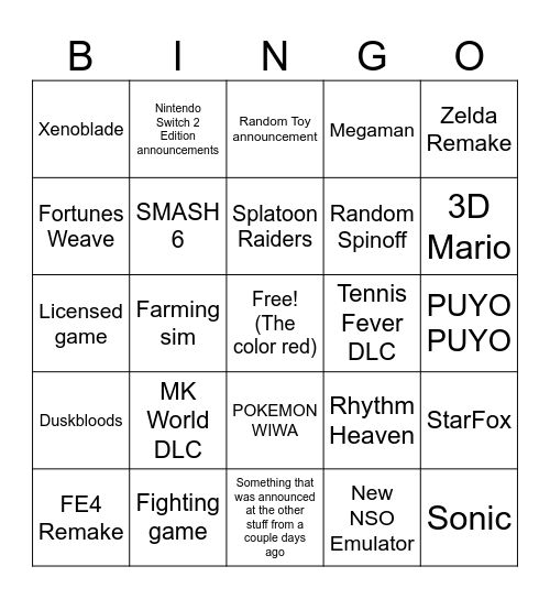 June 9TH Nintendo Direct Bingo Card