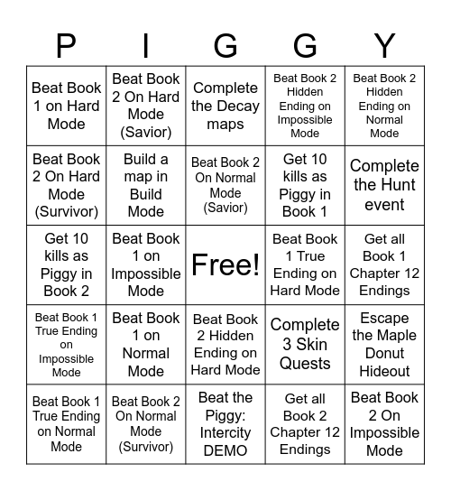 Roblox Piggy Challenges Bingo Card