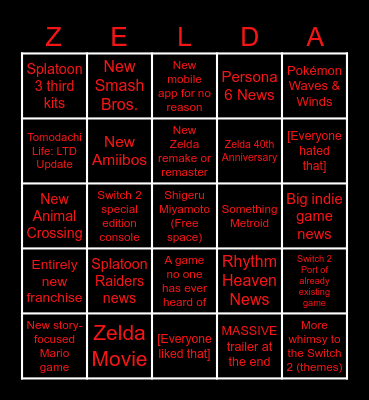 Nintendo Direct 9/6/2026 Bingo Card