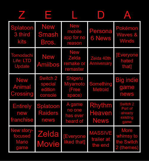 Nintendo Direct 9/6/2026 Bingo Card