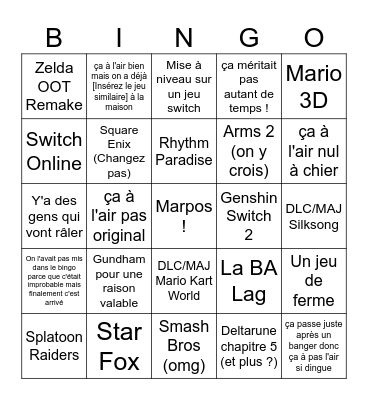 Nintendo Direct 9 Juin Bingo Card