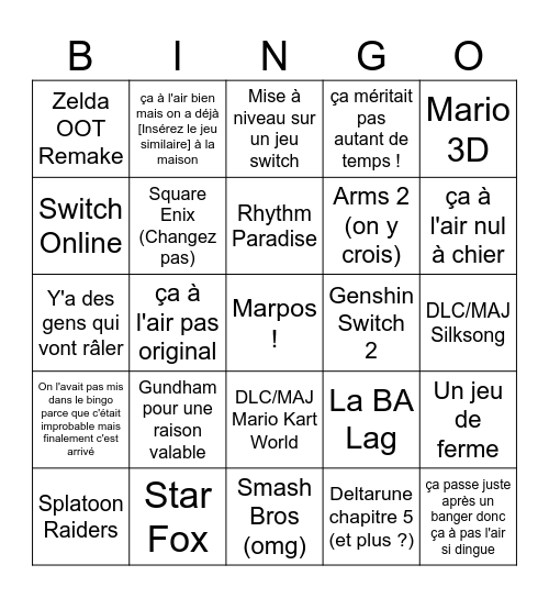 Nintendo Direct 9 Juin Bingo Card