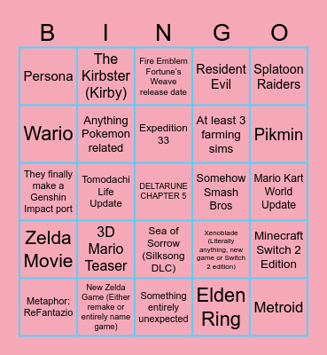NINTENDO DIRECT Bingo Card