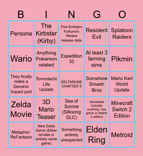 NINTENDO DIRECT Bingo Card