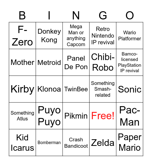 Nintendo Direct 2026 Bingo Card