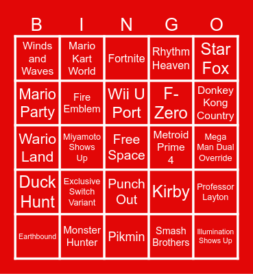 Nintendo Direct 2026 Bingo Card Bingo Card