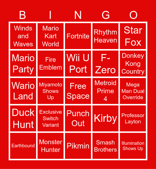 Nintendo Direct 2026 Bingo Card Bingo Card