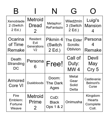 Nintendo Direct Bingo Card