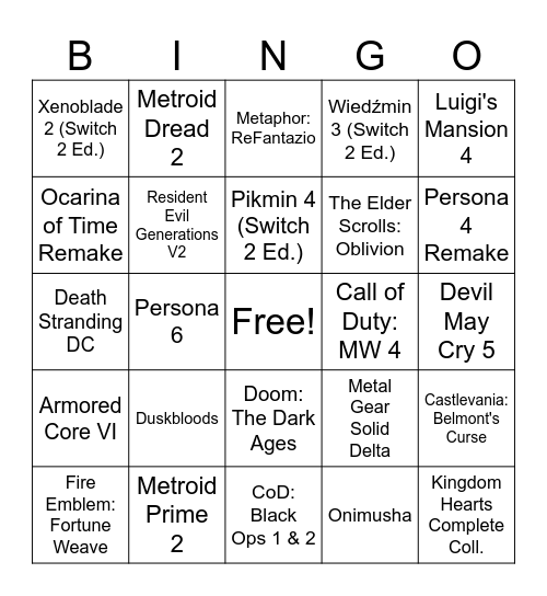Nintendo Direct Bingo Card