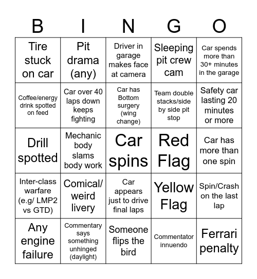 Motorsport Endurance Bingo Card