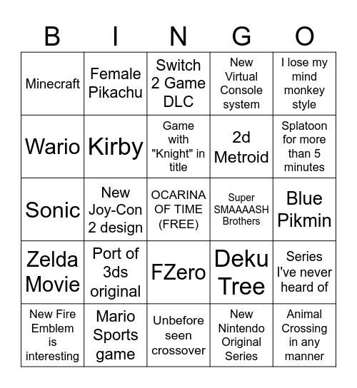 Nintendo Direct 6/9/2026 Bingo Card
