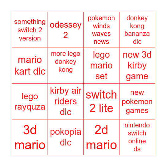 nintendo direct Bingo Card