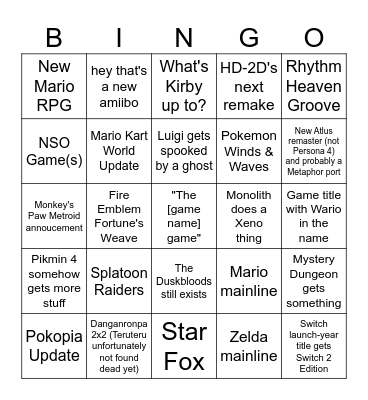 Nintendo Direct June 2026 Bingo Card