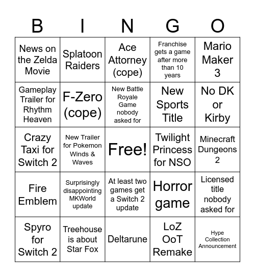 Nintendo Direct June 2026 Bingo Card