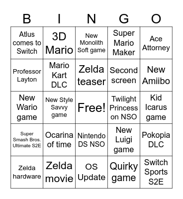 June 2026 Nintendo Direct Bingo Card