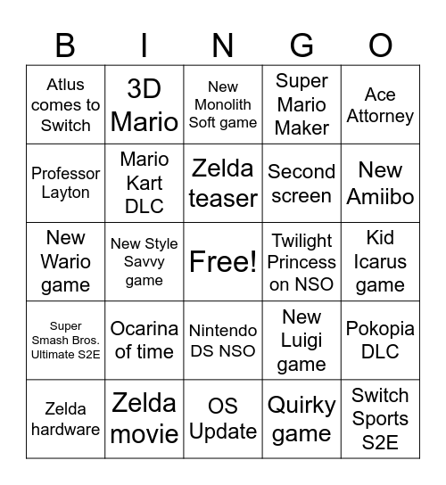 June 2026 Nintendo Direct Bingo Card