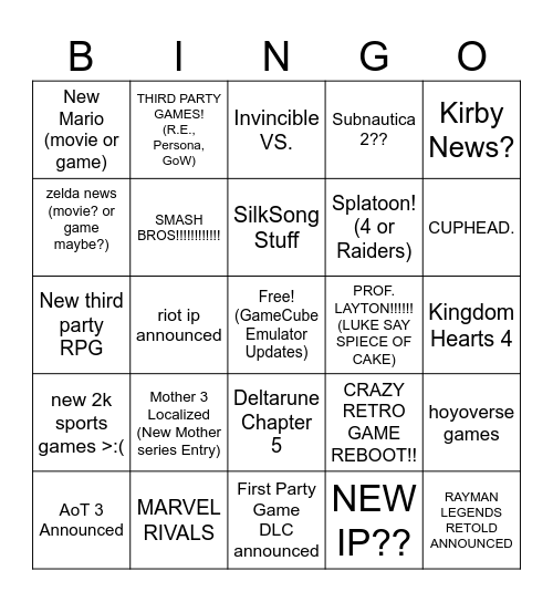 Kirb's Direct Bingo 9/6/2026 Bingo Card