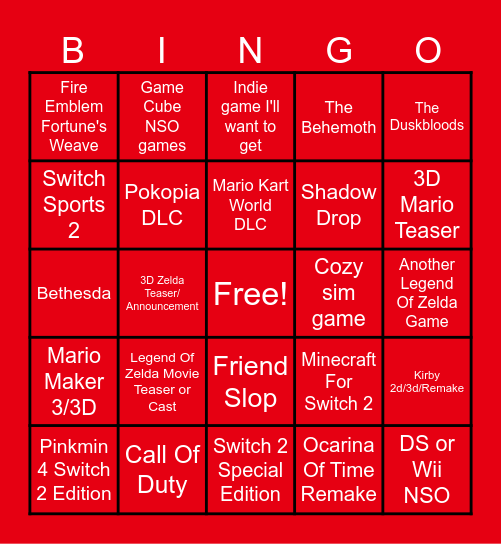 Nintendo Direct Predictions Bingo Card