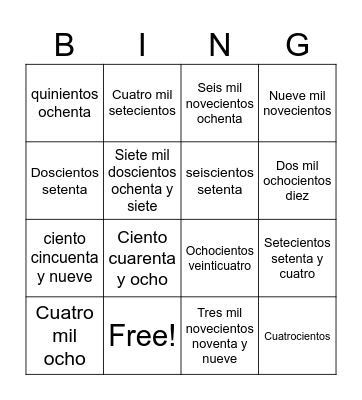 Bingo Numeros 100-10000 Bingo Card