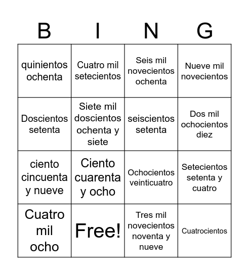 Bingo Numeros 100-10000 Bingo Card