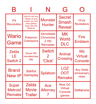 Nintendo Direct June 2026 Bingo Card