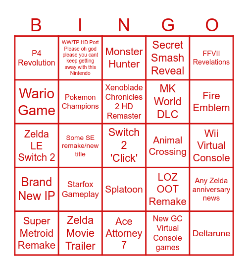 Nintendo Direct June 2026 Bingo Card