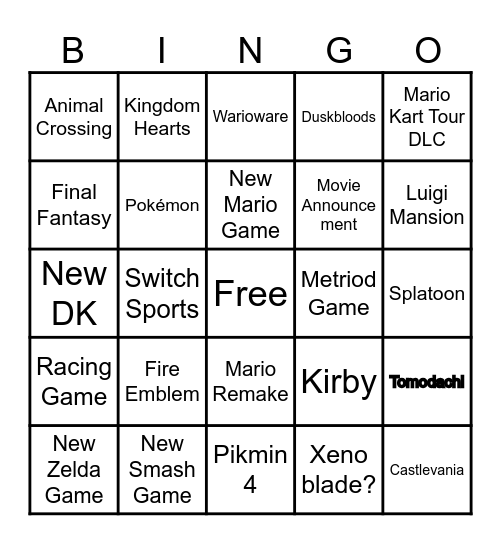 Nintendo Direct Bingo Card