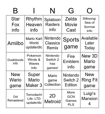 Nintendo Direct 6.9.26 Bingo Card