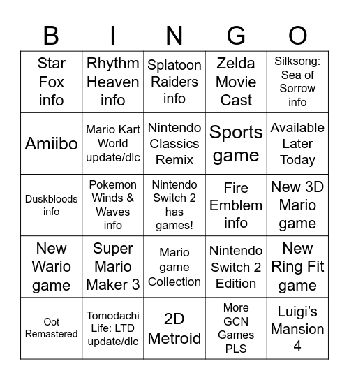 Nintendo Direct 6.9.26 Bingo Card