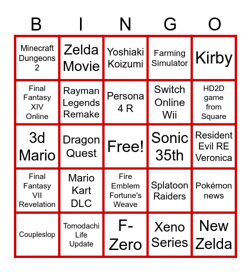 Nintendo Direct Bingo Card
