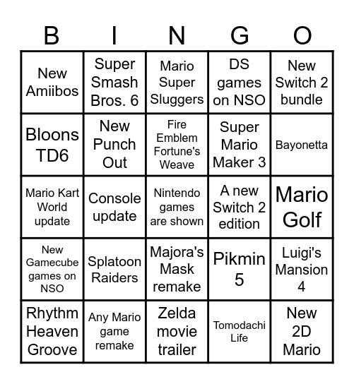 Nintendo Direct June 9th Bingo Card