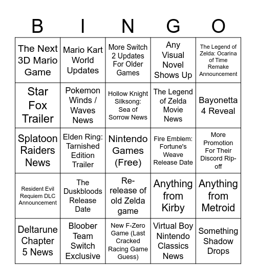 Nintendo Direct Bingo Card