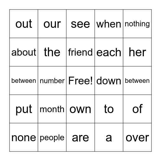 Trick Word Bingo Card
