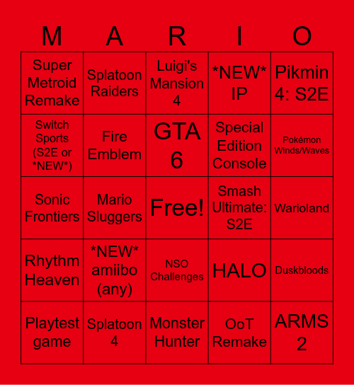 NINTENDO DIRECT Bingo Card