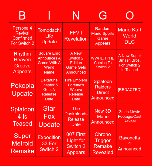 Nintendo Direct Bingo! Bingo Card