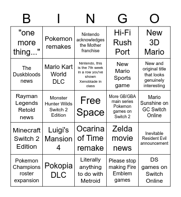 Nintendo Direct 6/9 Bingo Card