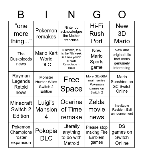 Nintendo Direct 6/9 Bingo Card