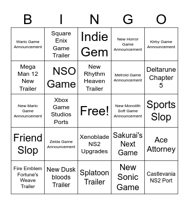 Nintendo Direct Bingo Card