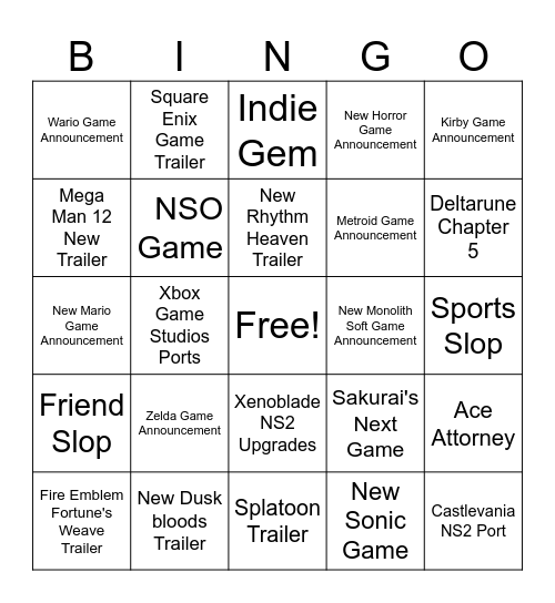 Nintendo Direct Bingo Card