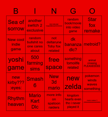 Nintendo Direct 9/6 Bingo Card