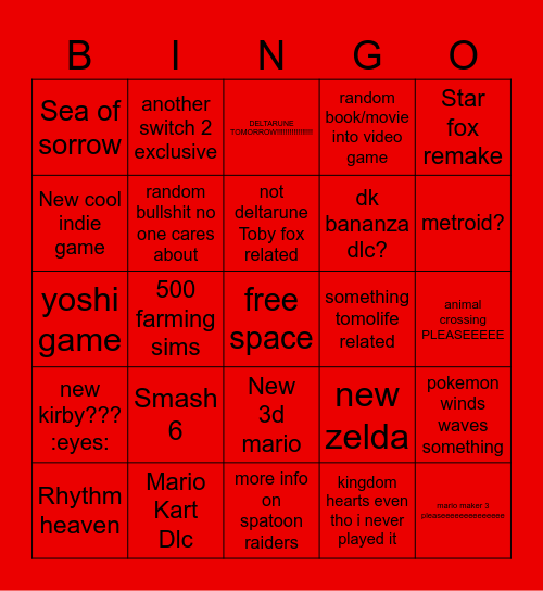 Nintendo Direct 9/6 Bingo Card