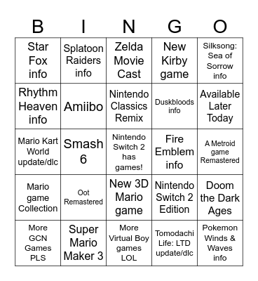 Nintendo Direct 6.9.26 Bingo Card