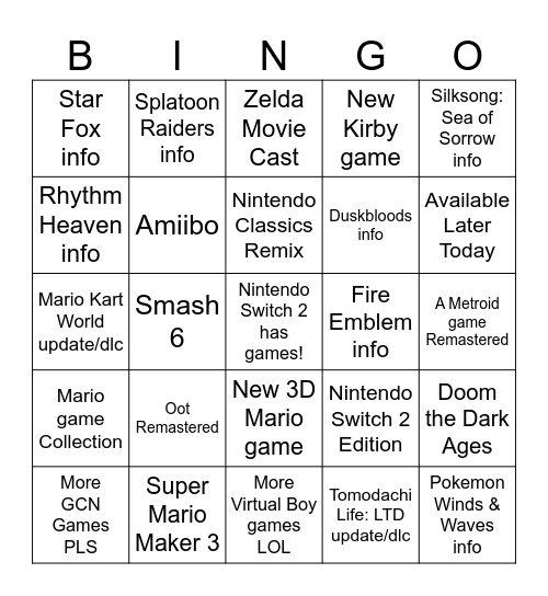 Nintendo Direct 6.9.26 Bingo Card