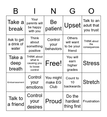 Self Control BINGO Card