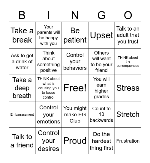 Self Control BINGO Card