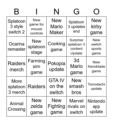 Nintendo Direct House Bingo Card Bingo Card