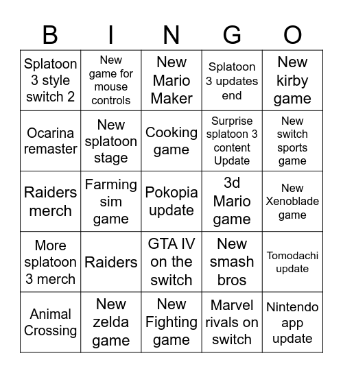 Nintendo Direct House Bingo Card Bingo Card
