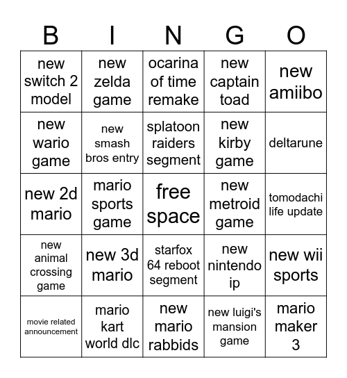 6/9/26 nintendo direct predictions Bingo Card