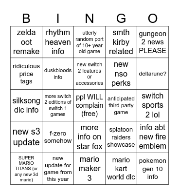 Nintendo Direct Bingo Card