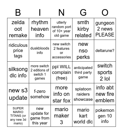 Nintendo Direct Bingo Card